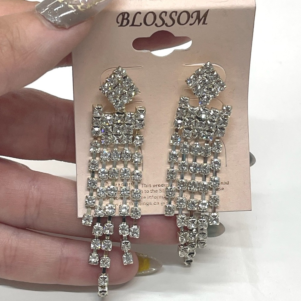 Blossom Silver‎ Rhinestone Waterfall Dangle Earrings Statement Formal Wedding